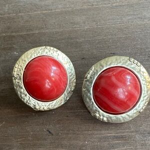 Gold-Tone Clip Earrings with Red Cabochons